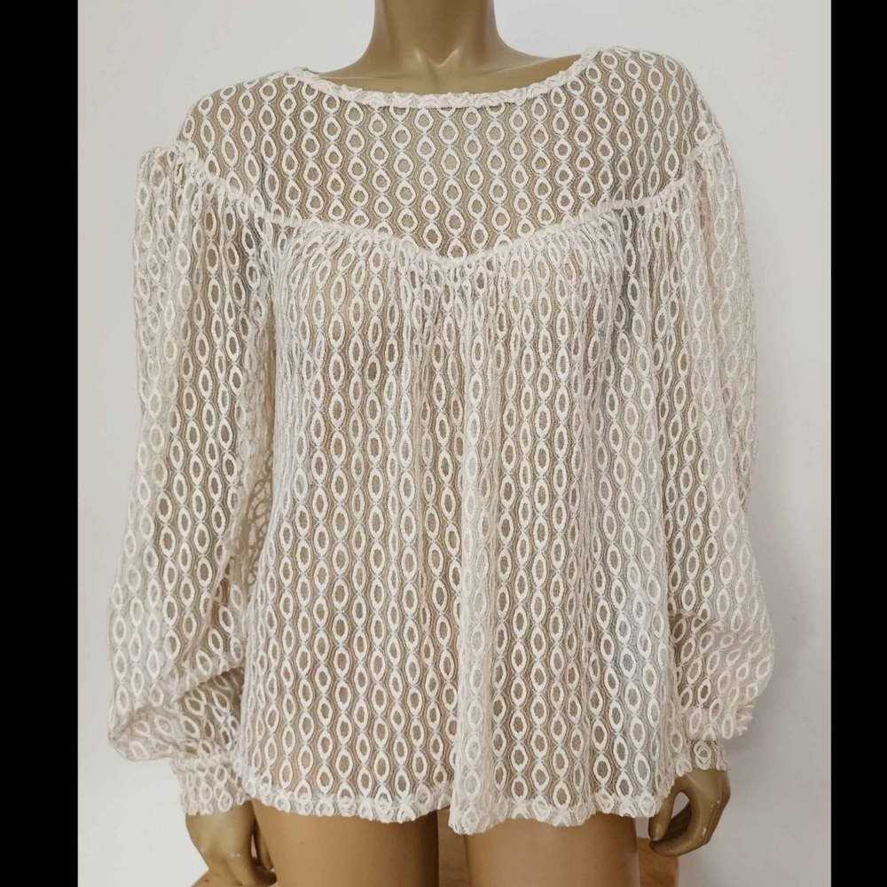 Zara Cream Lace Peasant Blouse - Sheer Long Sleeve Top